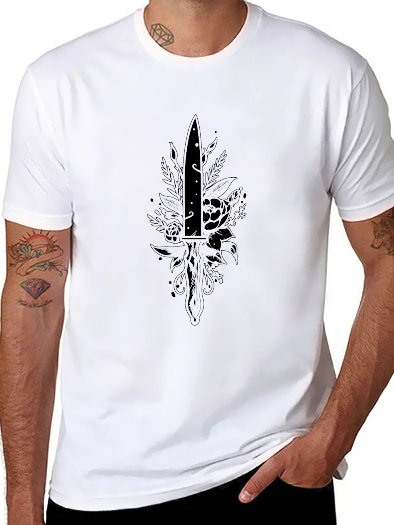 Black T-Shirt with Dagger and Floral Design