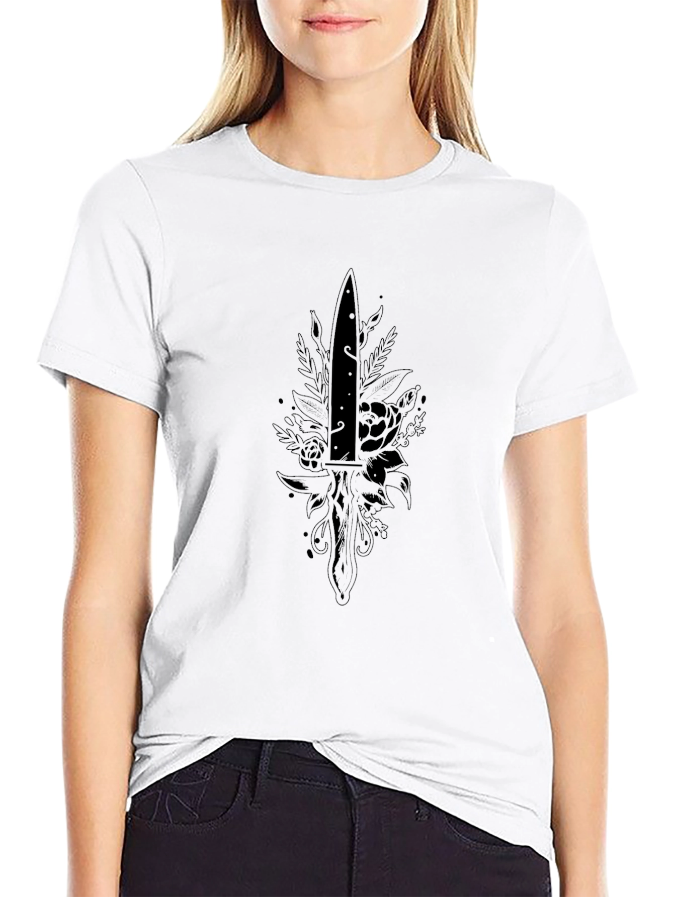 Black T-Shirt with Dagger and Floral Design