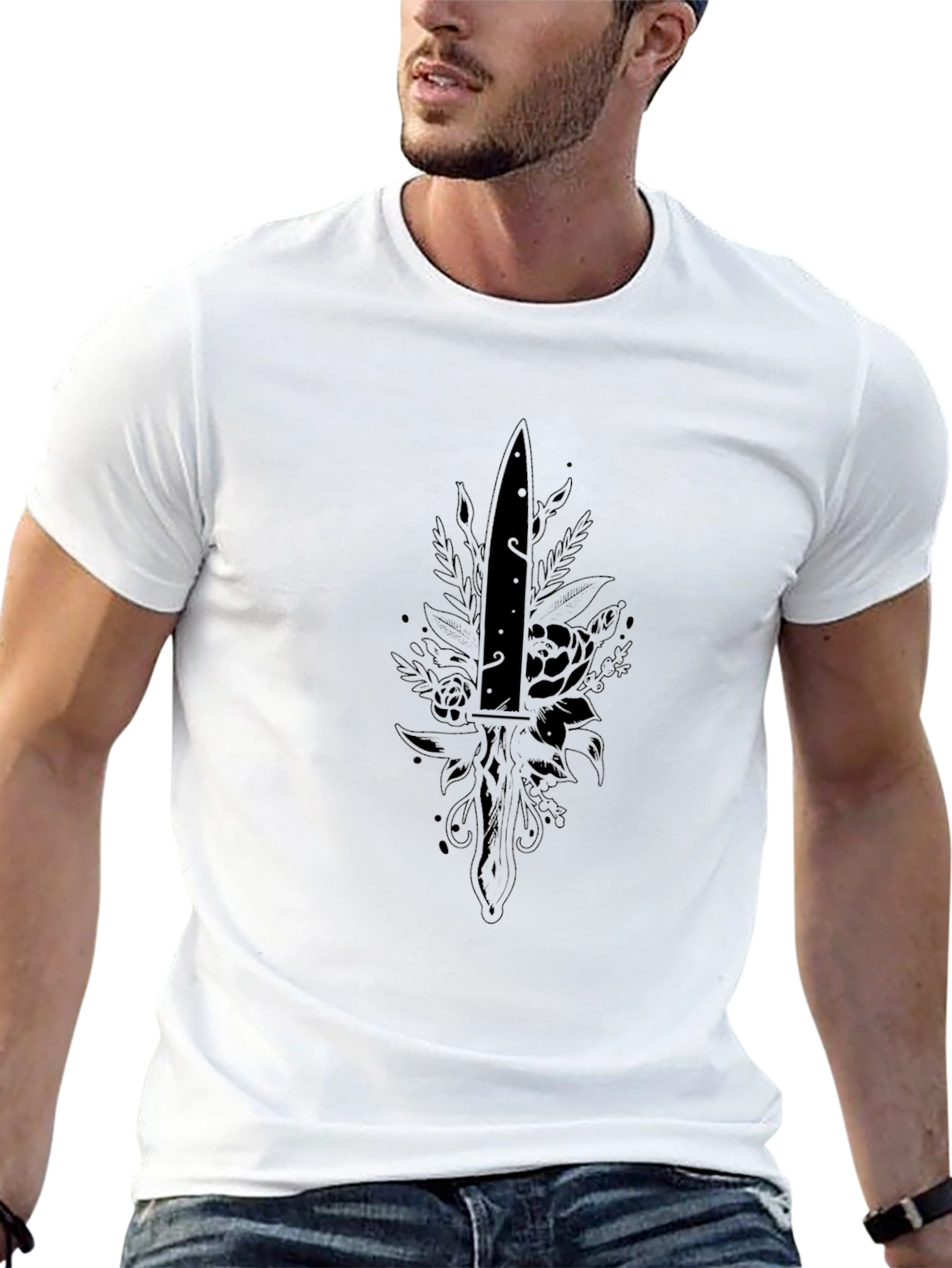 Black T-Shirt with Dagger and Floral Design