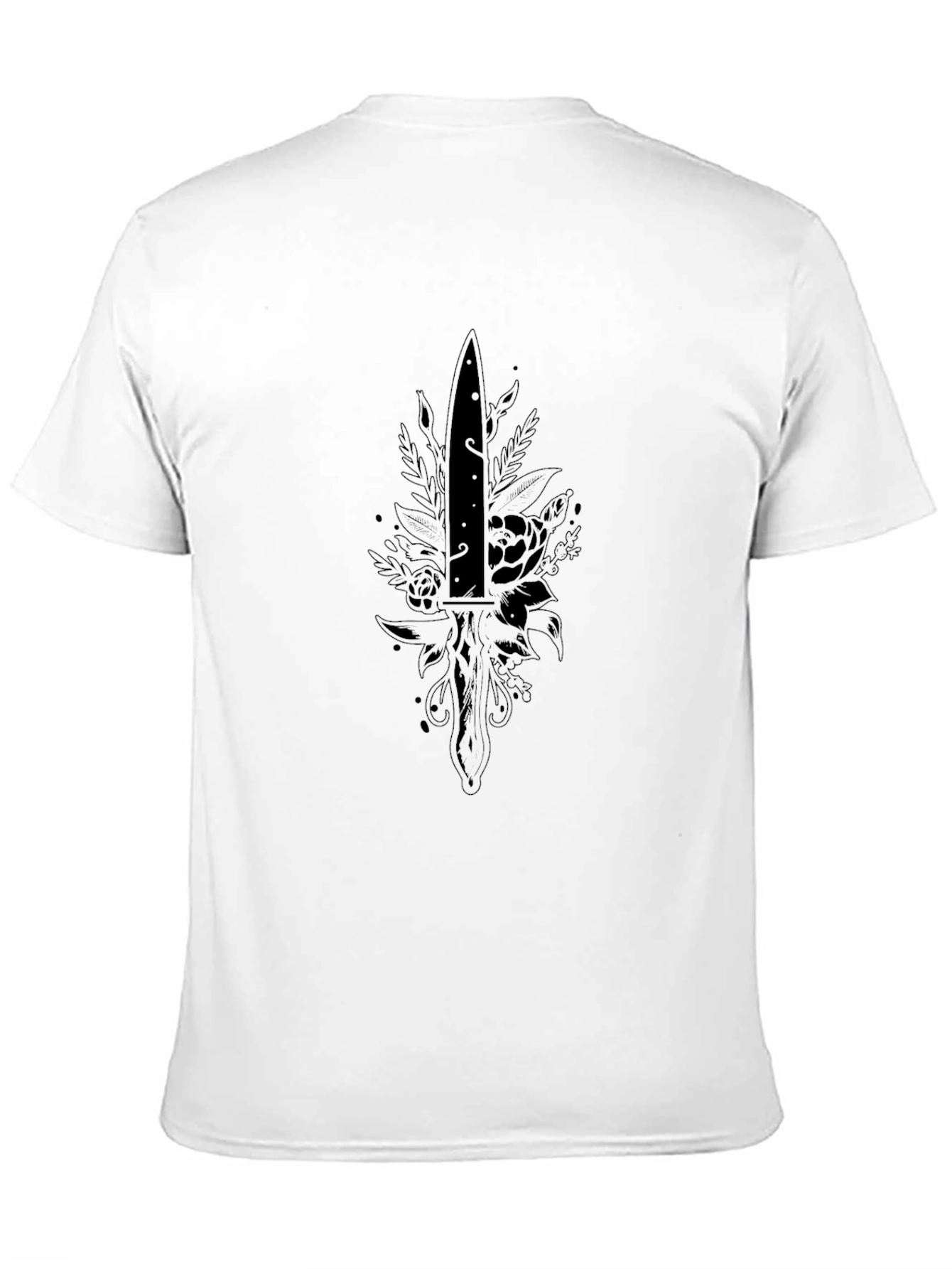 Black T-Shirt with Dagger and Floral Design