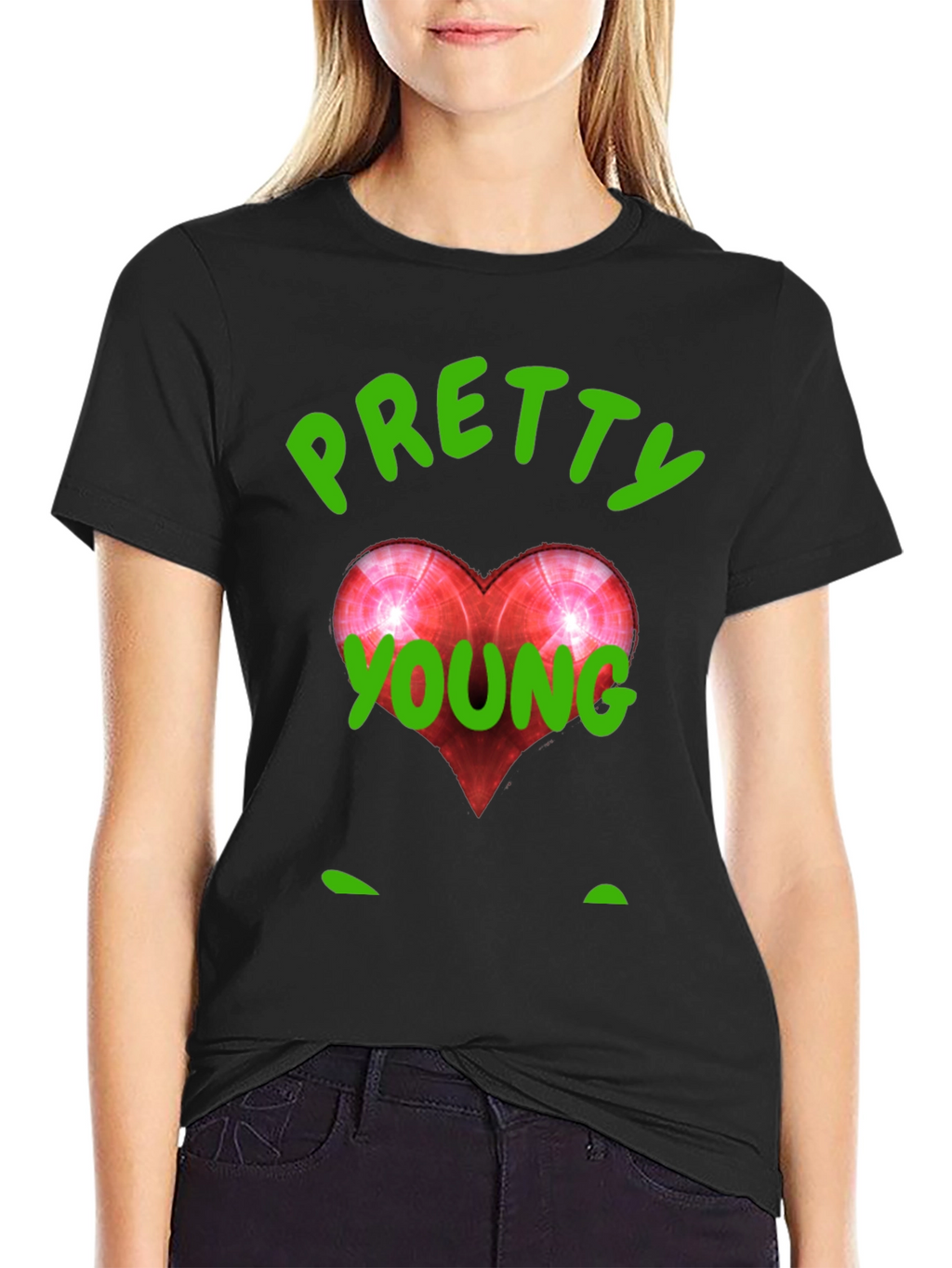 Pretty Young Red Heart Graphic Black T-Shirt