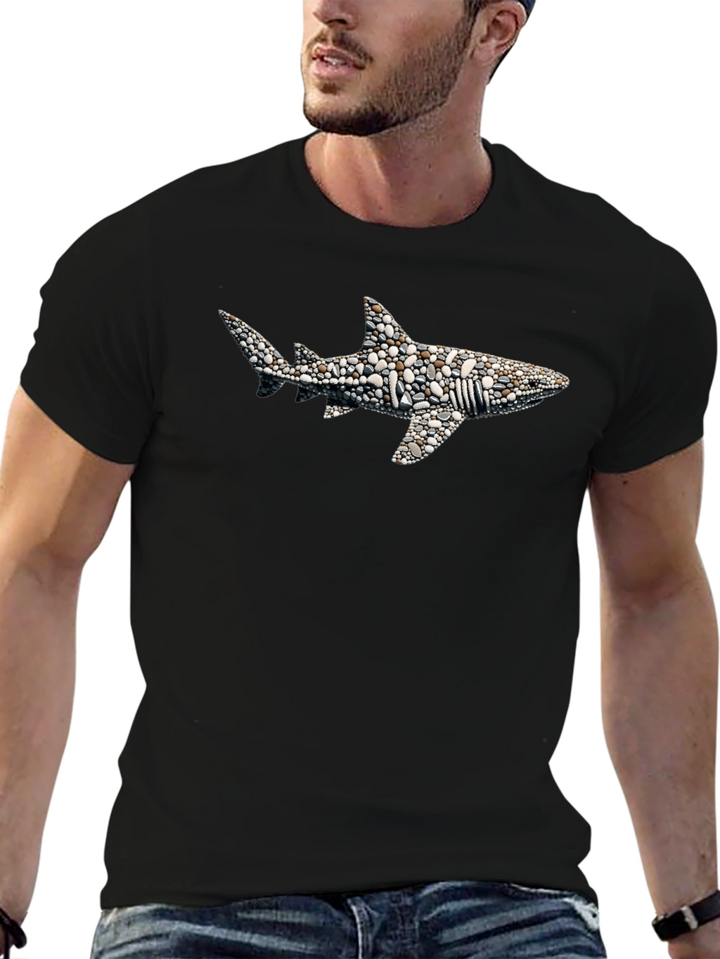 Stone Shark Graphic T-Shirt - Black Crew Neck Tee