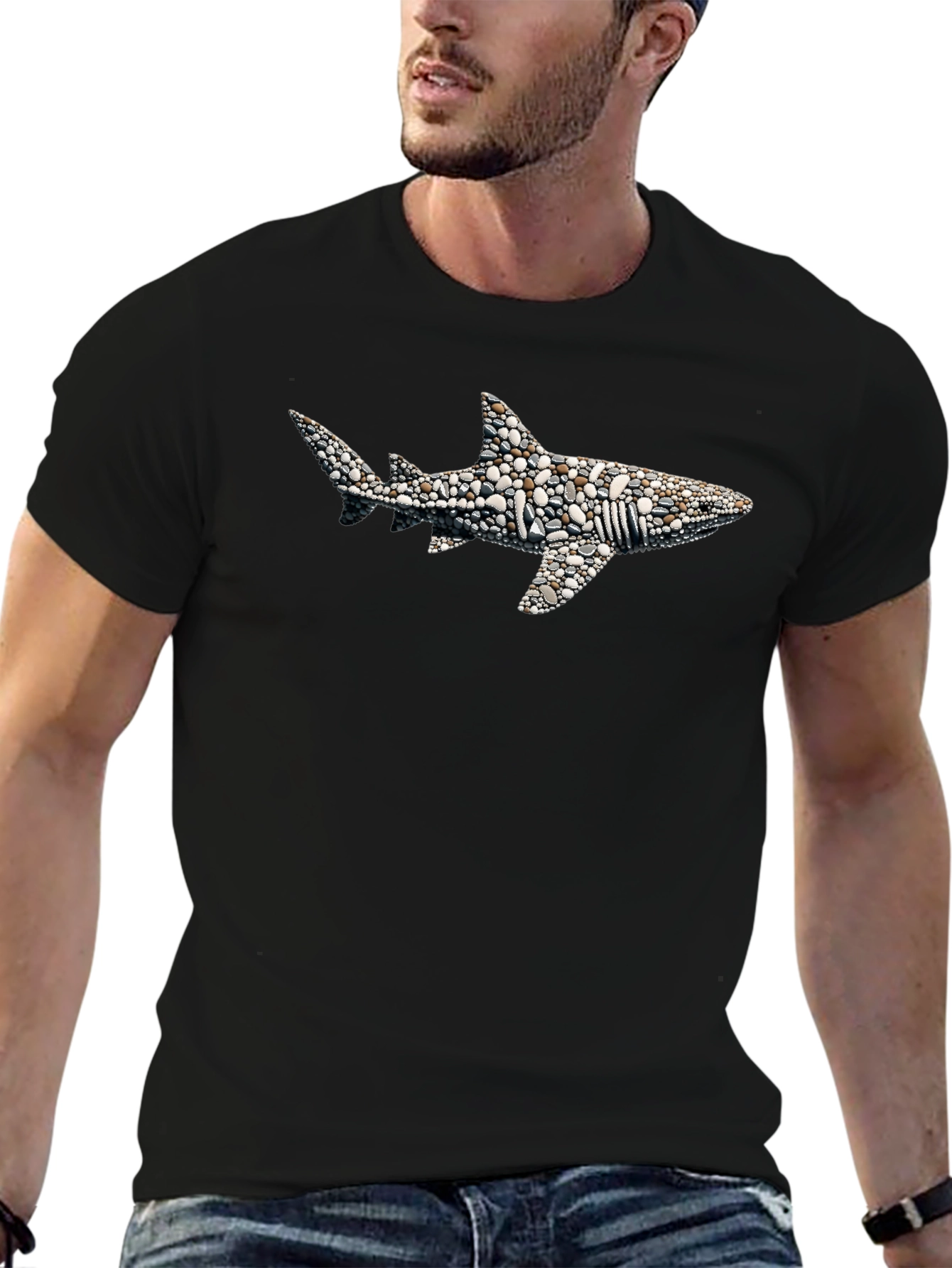 Stone Shark Graphic T-Shirt - Black Crew Neck Tee