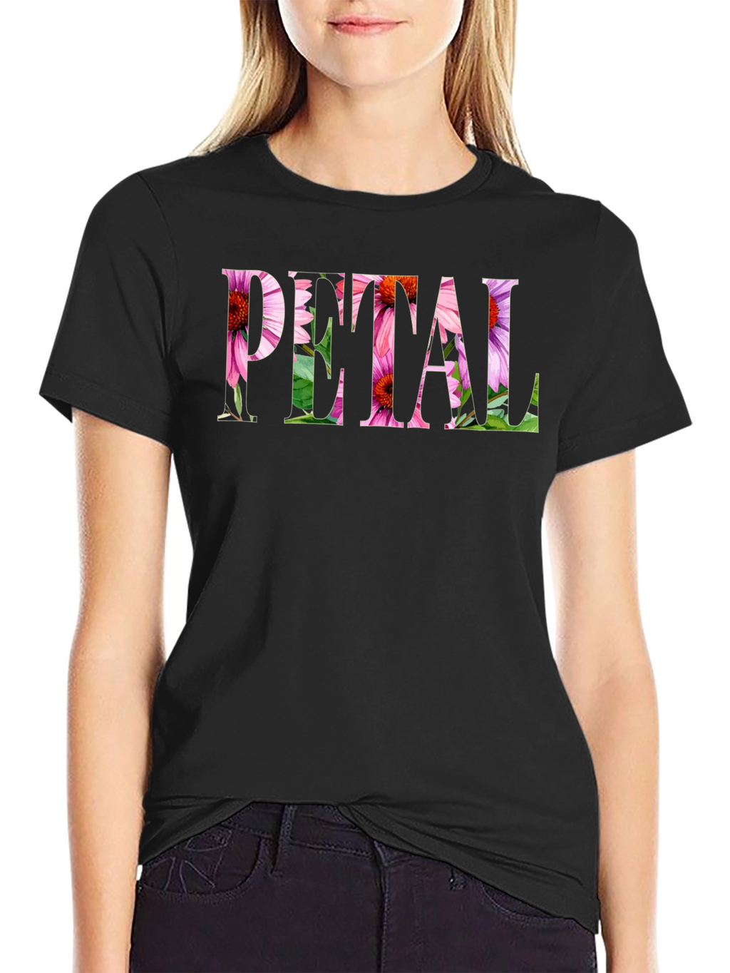 Floral PETAL Graphic Black T-Shirt