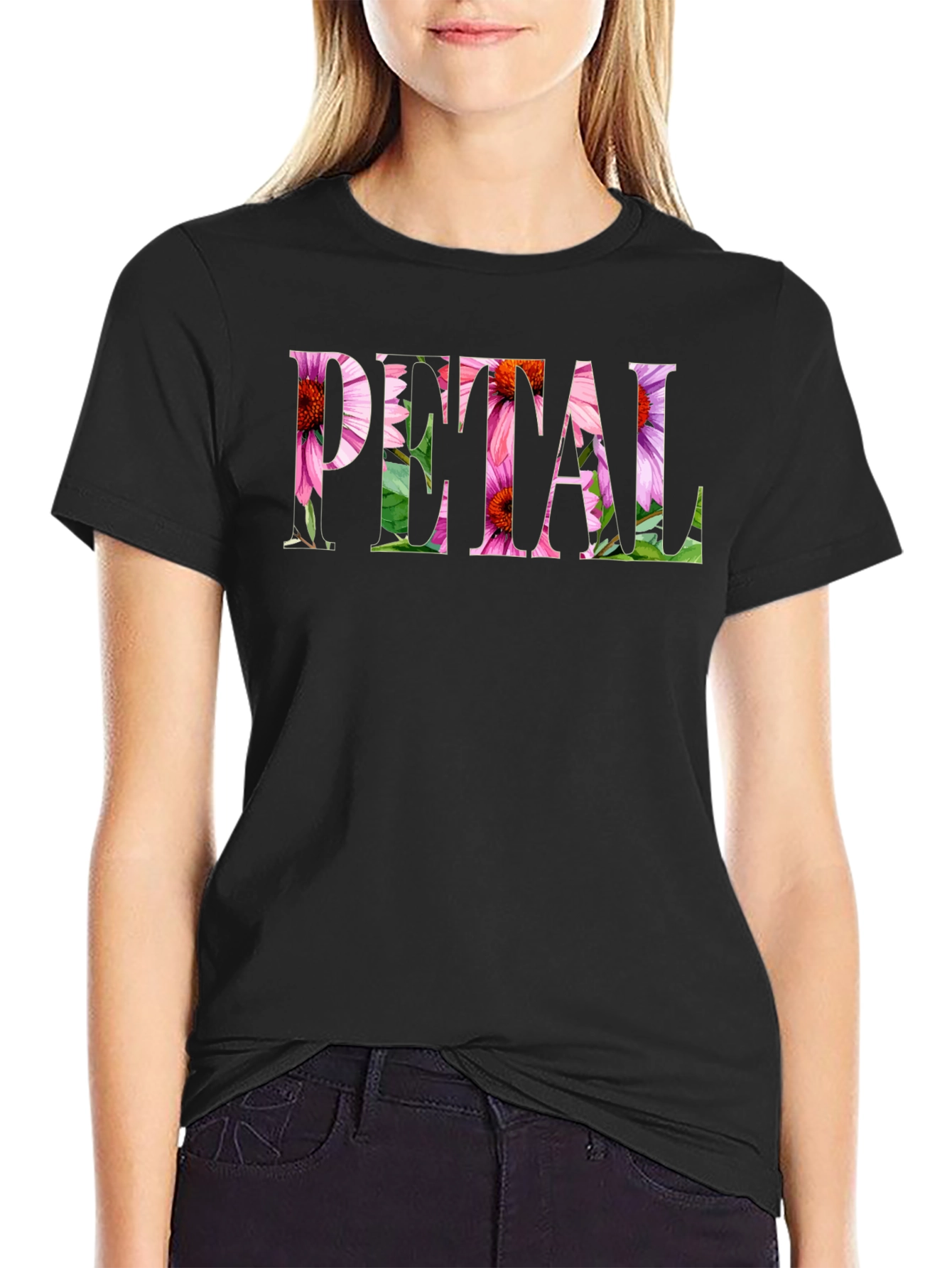 Floral PETAL Graphic Black T-Shirt