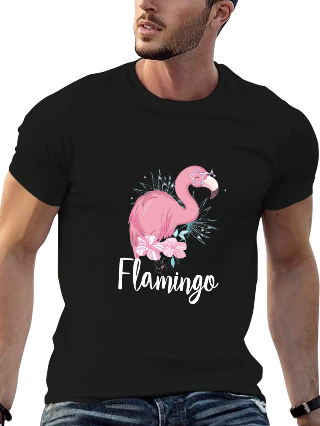 Stylish Flamingo Graphic Black T-Shirt