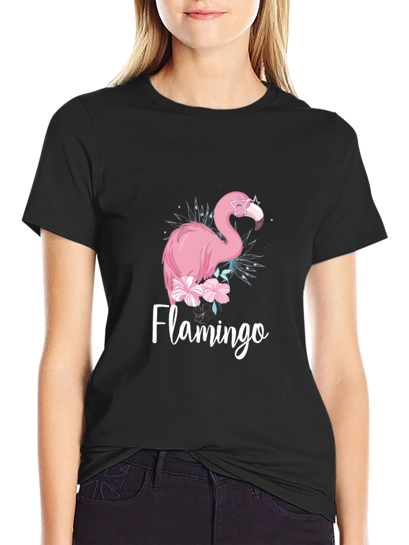 Stylish Flamingo Graphic Black T-Shirt