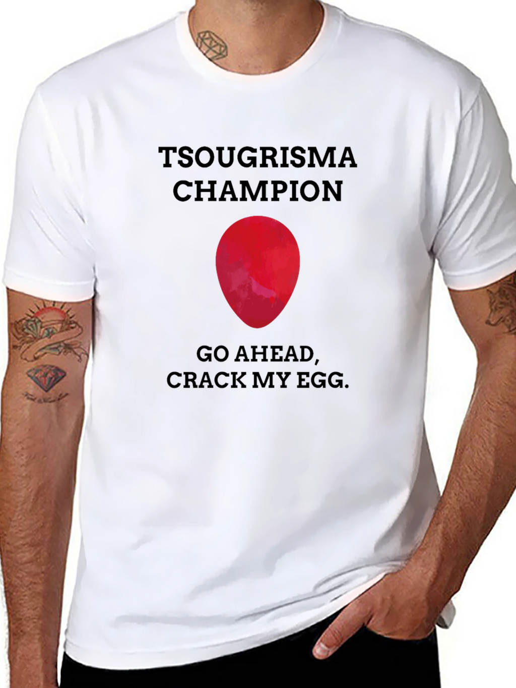 Tsougrisma Champion T-Shirt: Crack My Egg