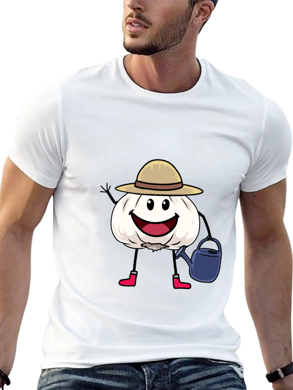 Cartoon Garlic Gardener Black T-Shirt