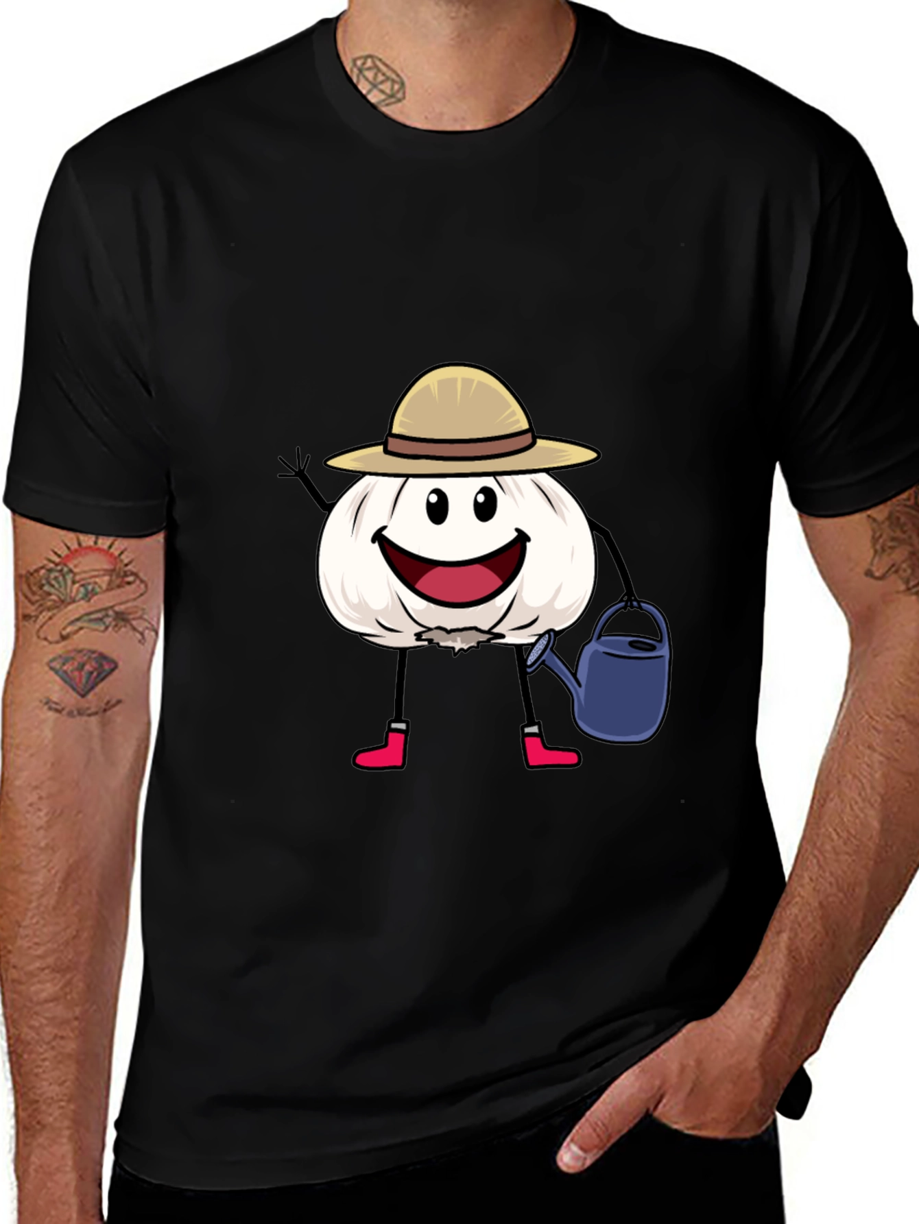 Cartoon Garlic Gardener Black T-Shirt