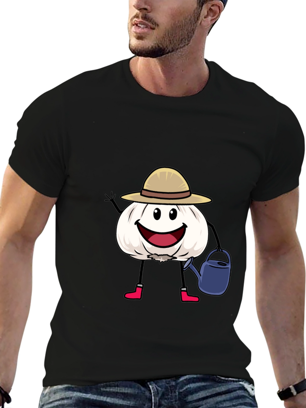 Cartoon Garlic Gardener Black T-Shirt