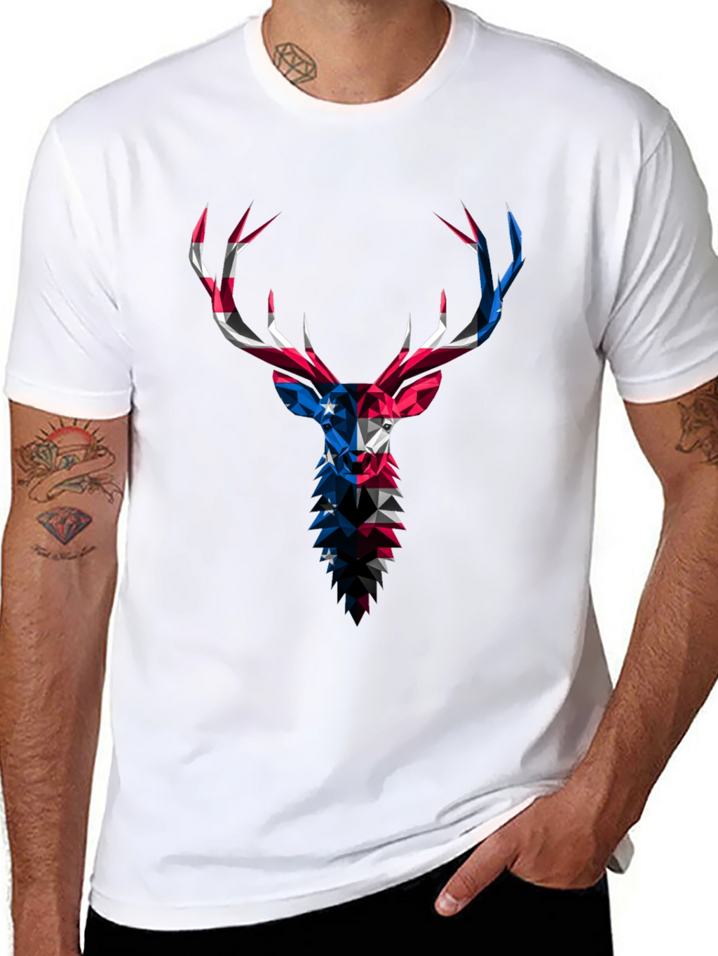 Geometric Deer USA Flag Graphic Black T-Shirt