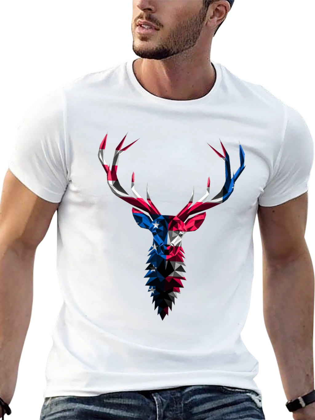 Geometric Deer USA Flag Graphic Black T-Shirt