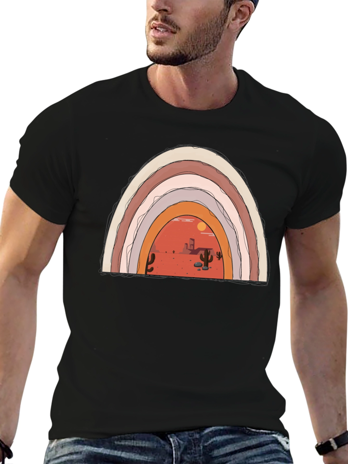 Desert Rainbow Graphic Tee - Trendy Black T-Shirt