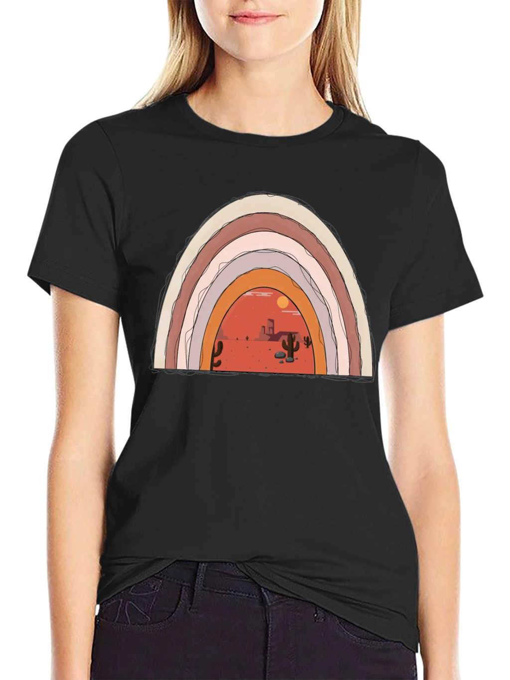 Desert Rainbow Graphic Tee - Trendy Black T-Shirt