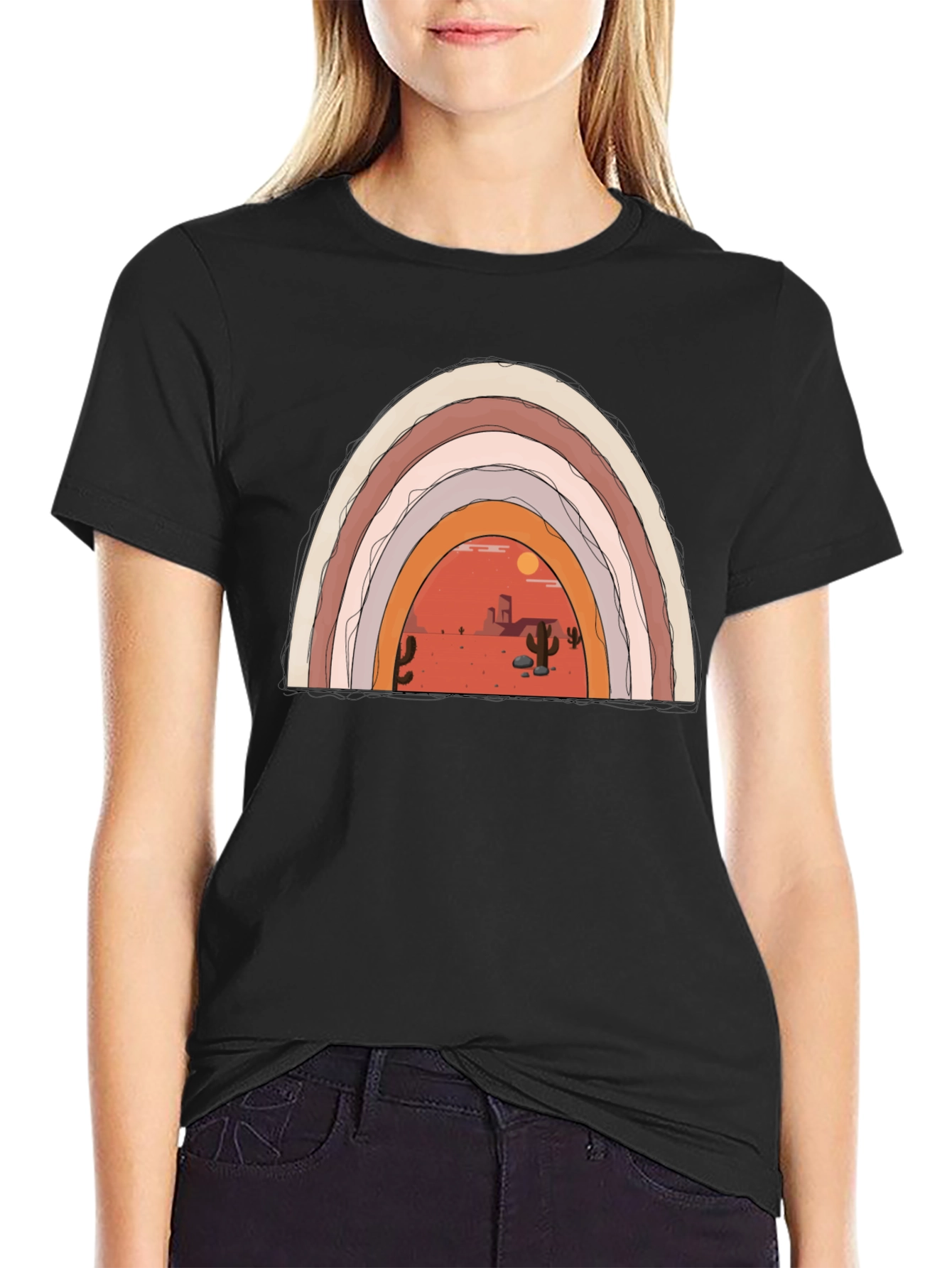 Desert Rainbow Graphic Tee - Trendy Black T-Shirt