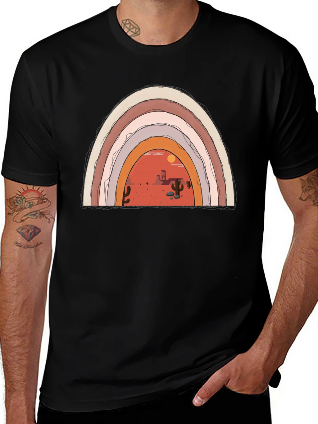 Desert Rainbow Graphic Tee - Trendy Black T-Shirt