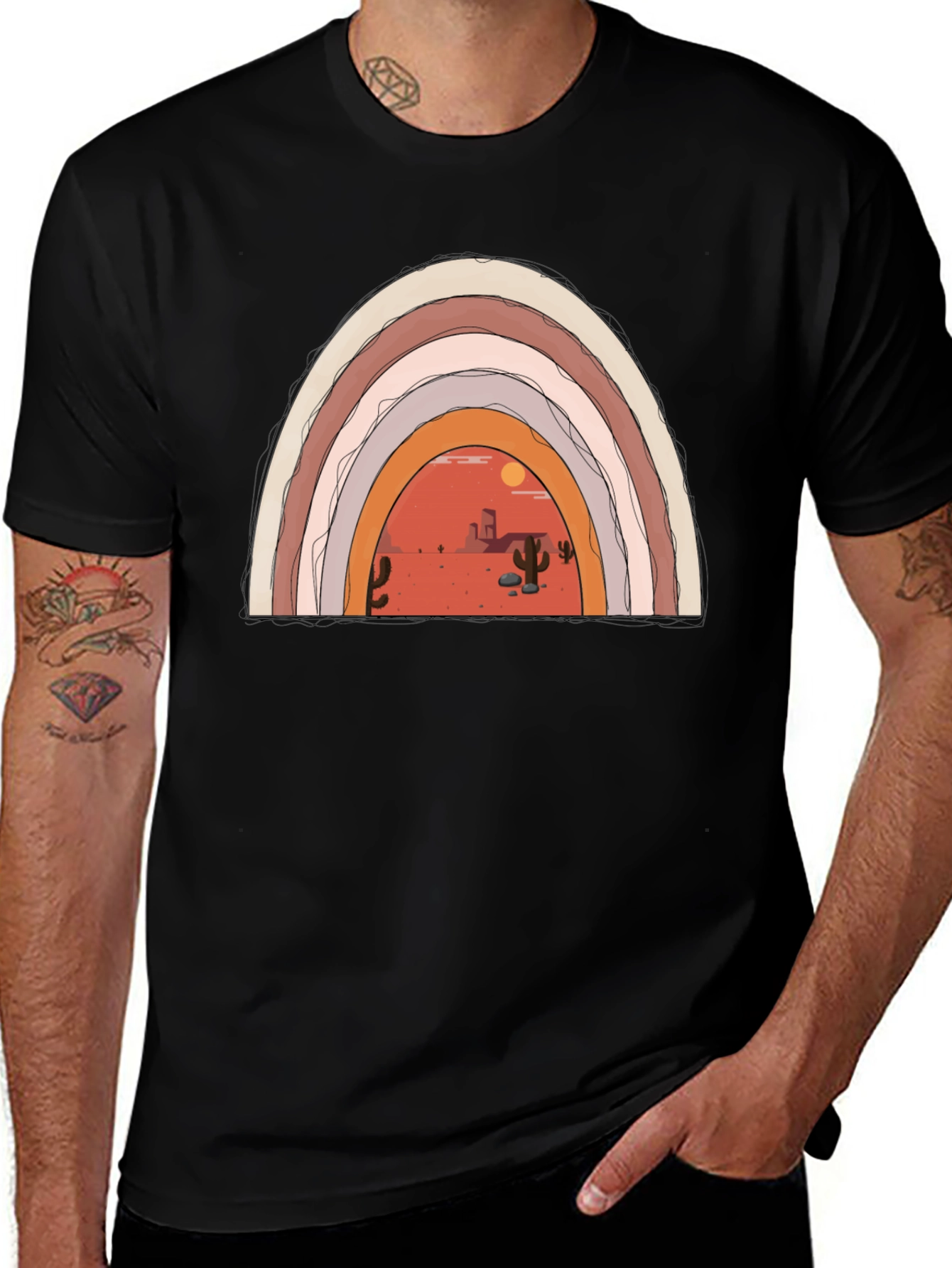Desert Rainbow Graphic Tee - Trendy Black T-Shirt
