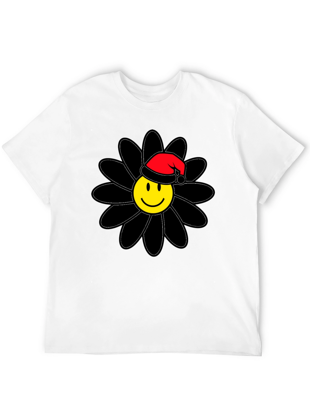 Smiley Face Santa Hat Black Flower T-Shirt