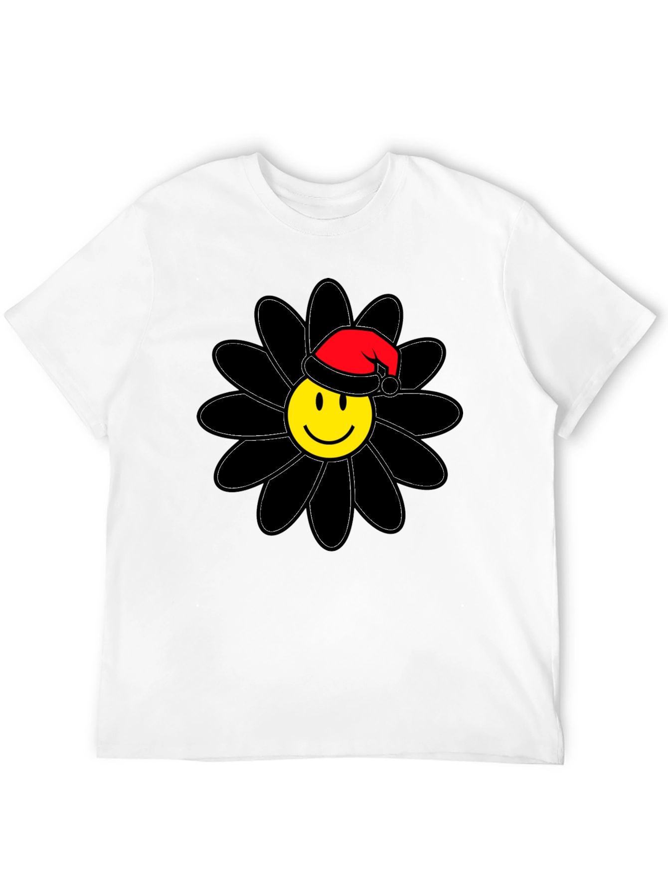 Smiley Face Santa Hat Black Flower T-Shirt