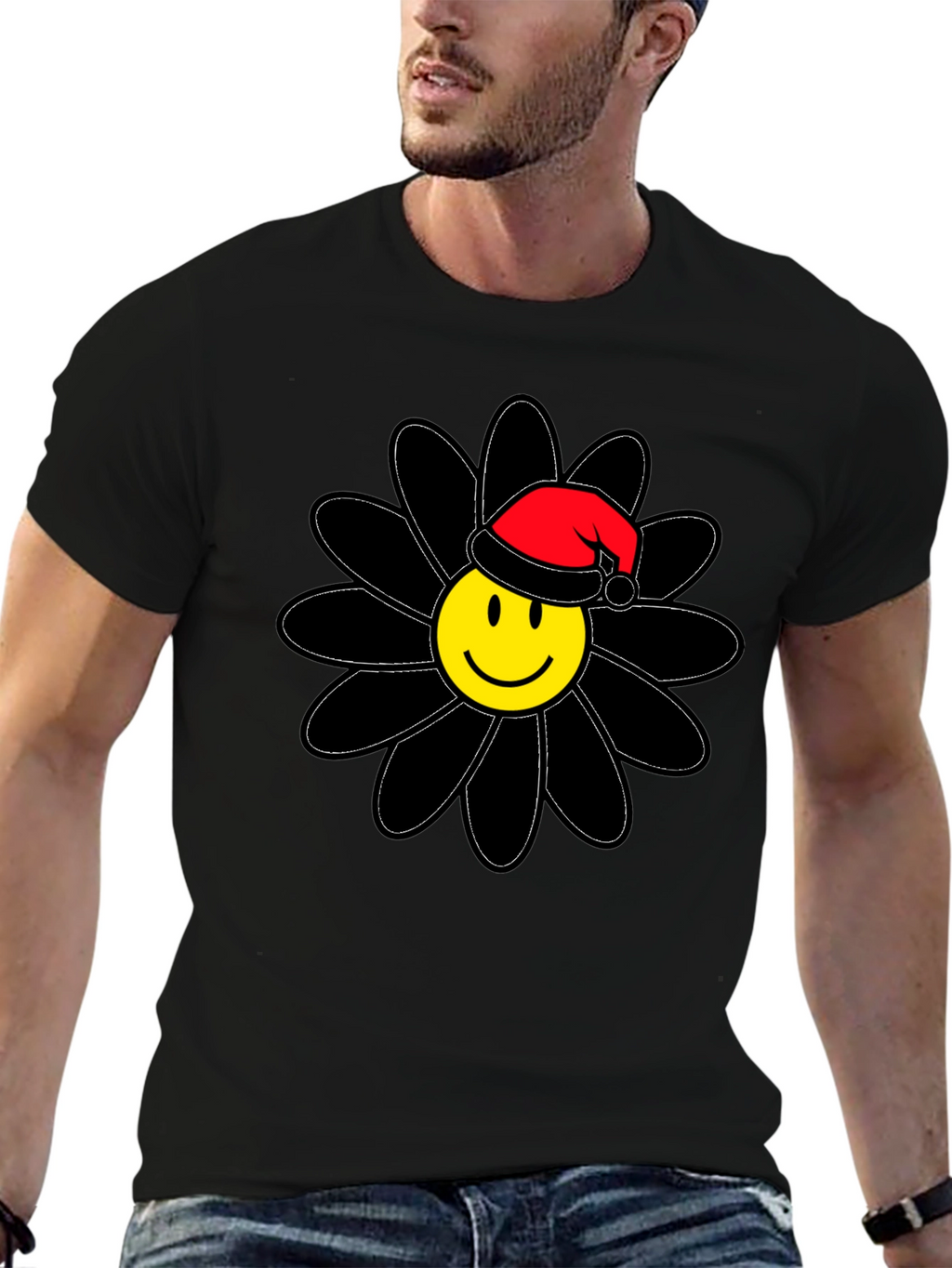 Smiley Face Santa Hat Black Flower T-Shirt