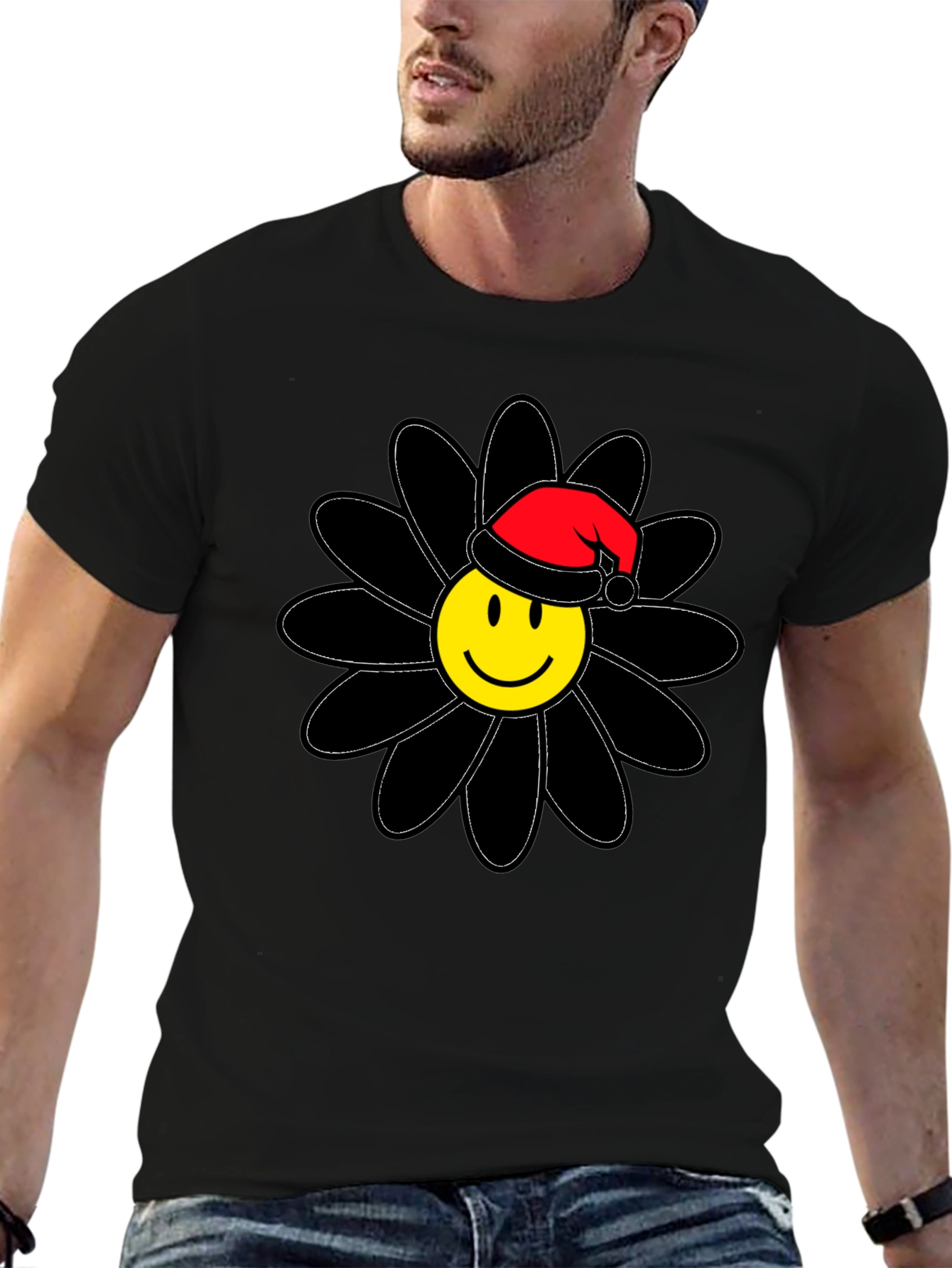 Smiley Face Santa Hat Black Flower T-Shirt