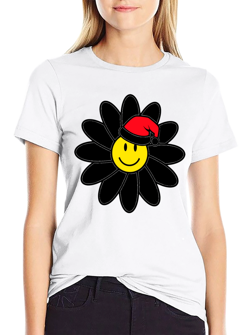 Smiley Face Santa Hat Black Flower T-Shirt