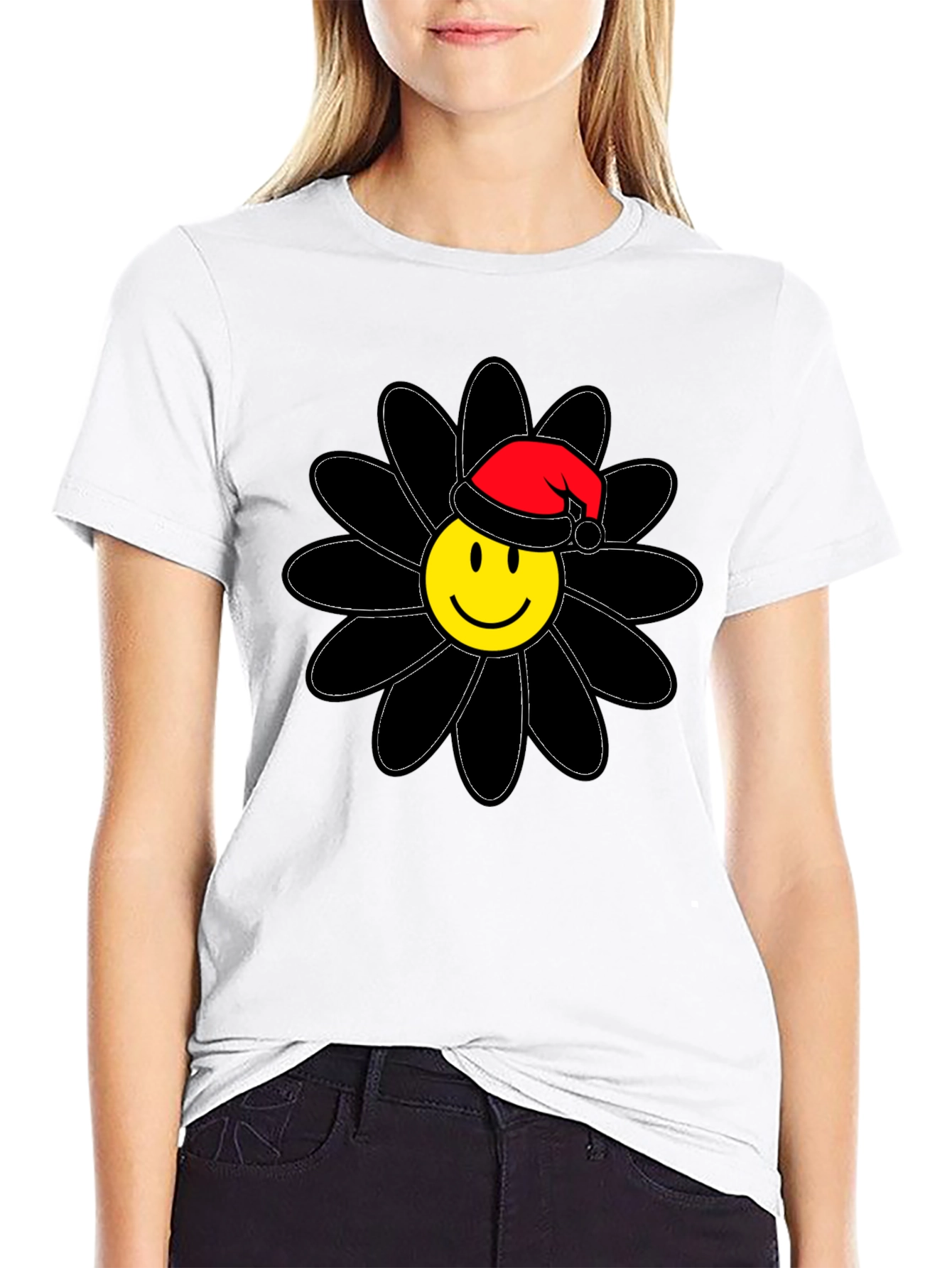 Smiley Face Santa Hat Black Flower T-Shirt
