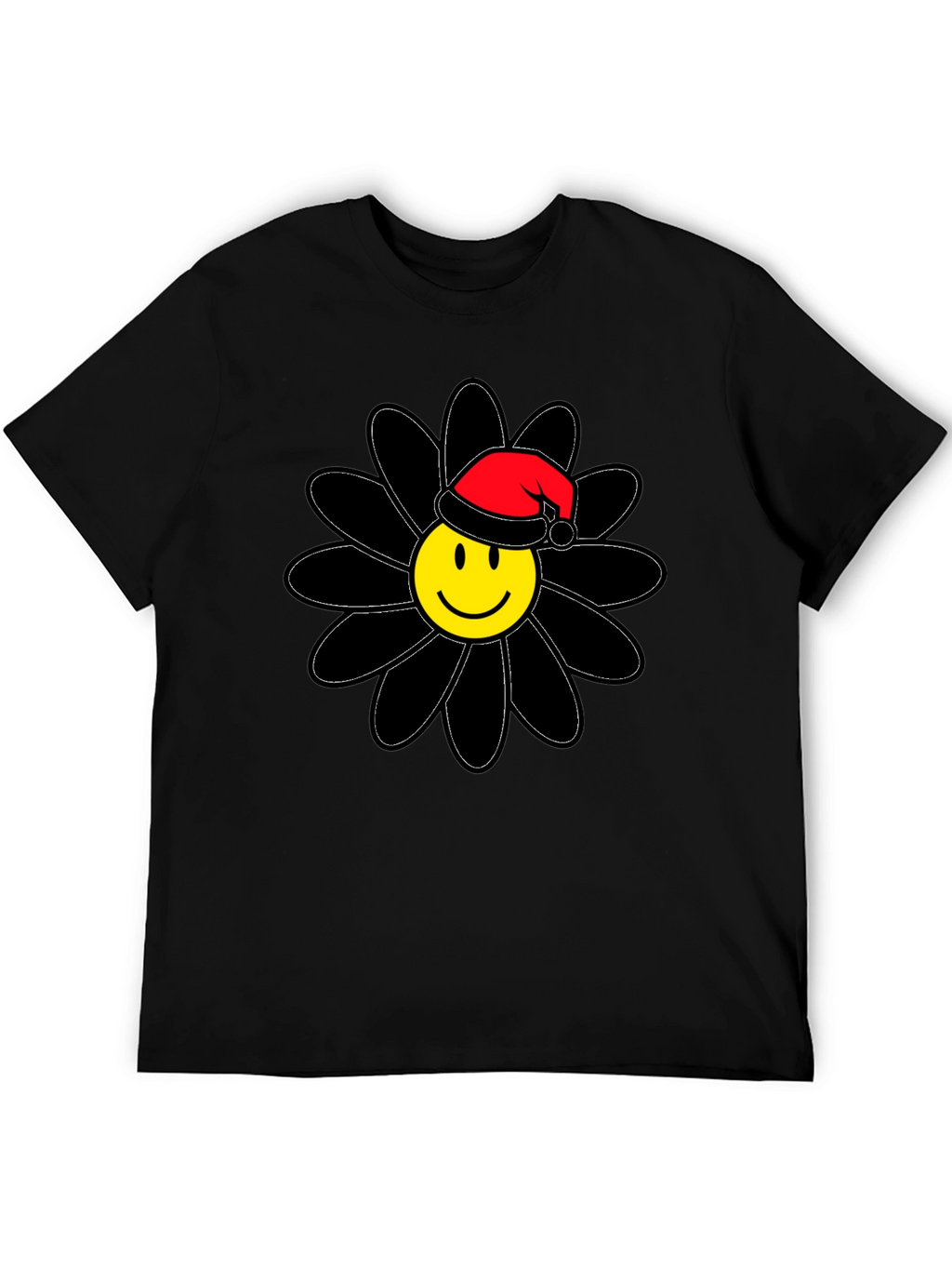 Smiley Face Santa Hat Black Flower T-Shirt