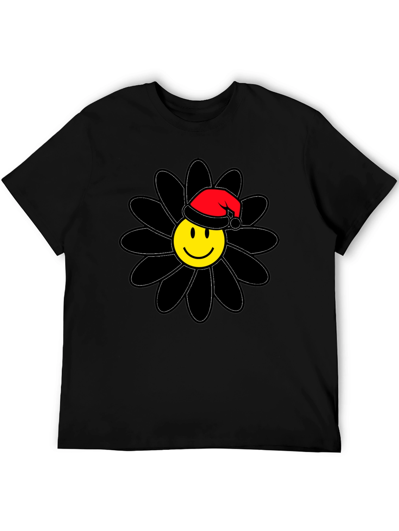 Smiley Face Santa Hat Black Flower T-Shirt