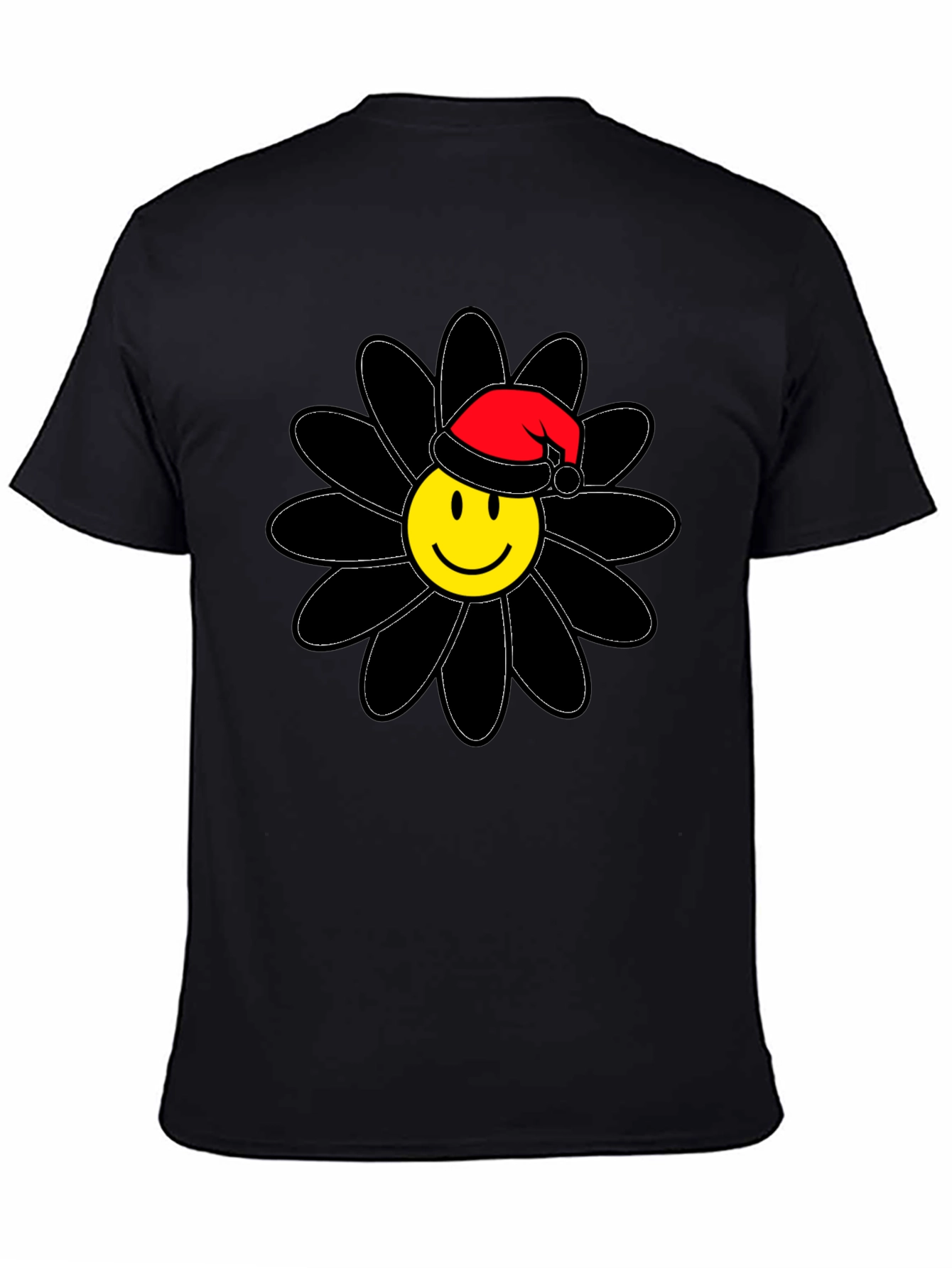 Smiley Face Santa Hat Black Flower T-Shirt