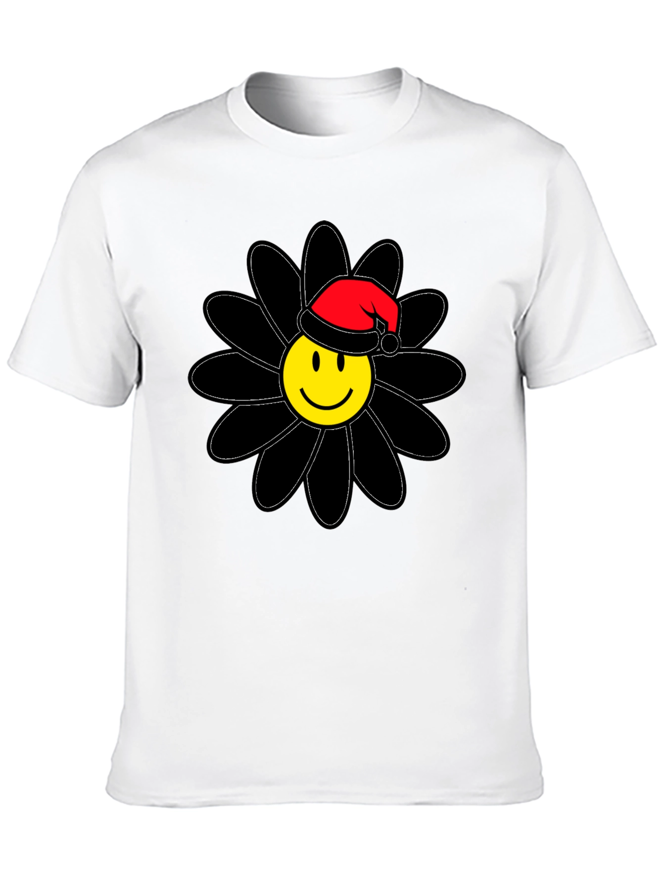 Smiley Face Santa Hat Black Flower T-Shirt