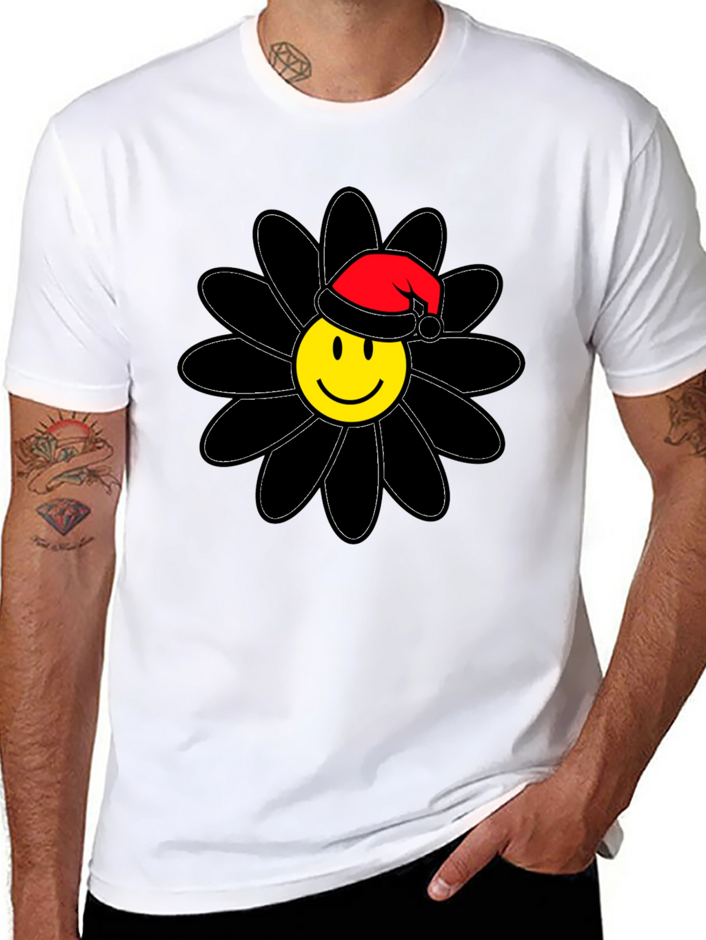 Smiley Face Santa Hat Black Flower T-Shirt