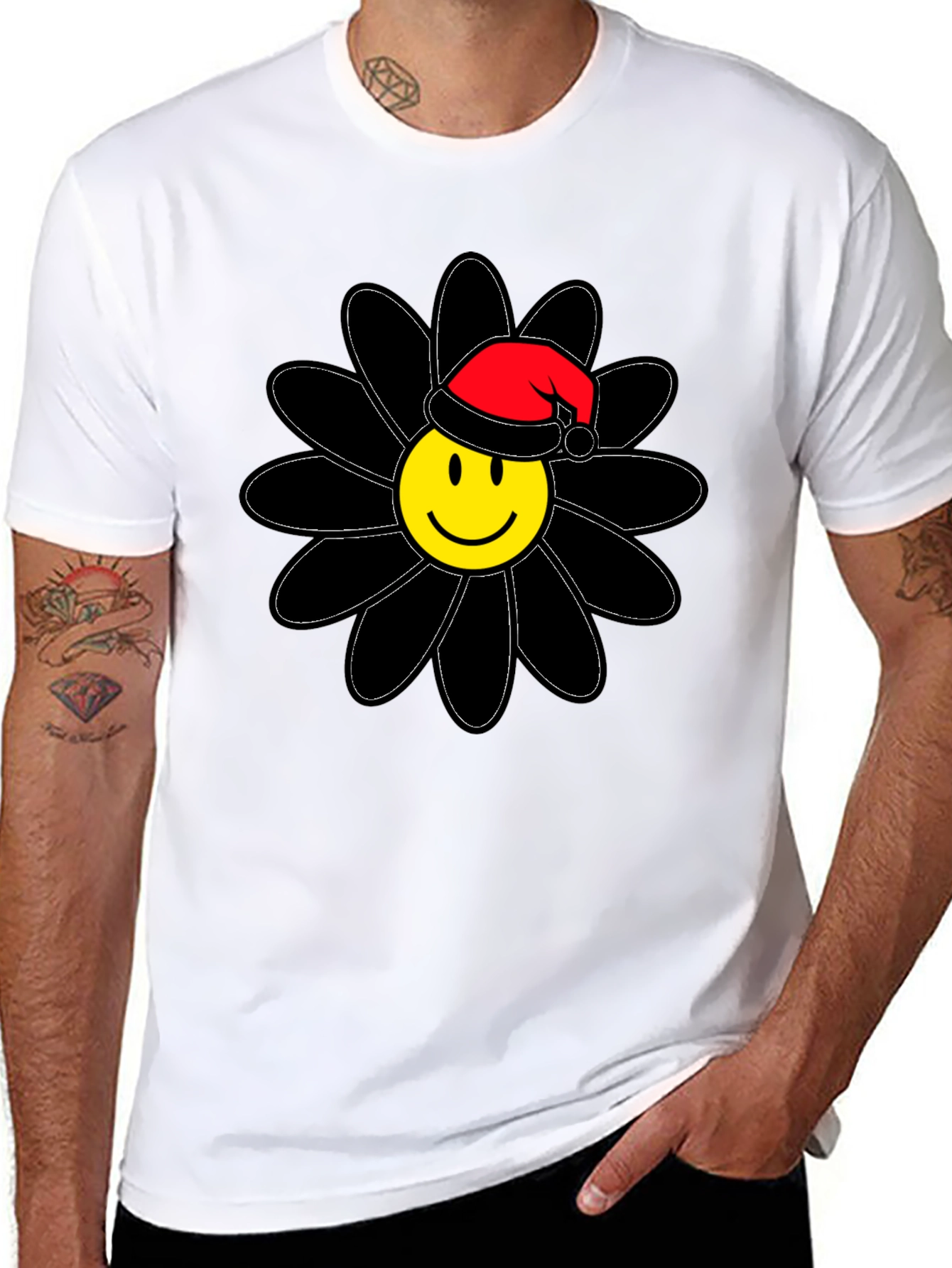 Smiley Face Santa Hat Black Flower T-Shirt