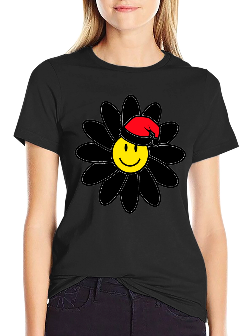 Smiley Face Santa Hat Black Flower T-Shirt
