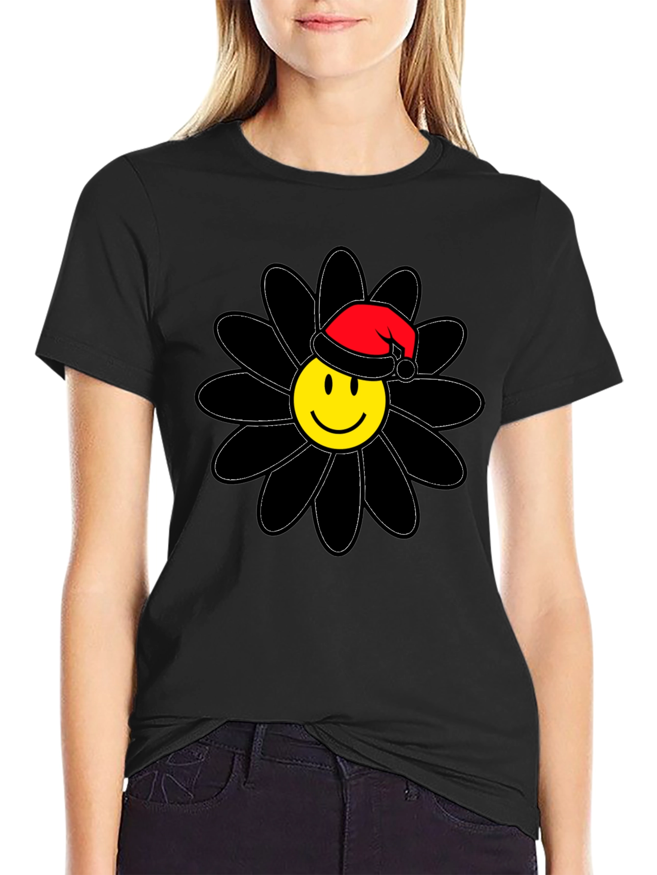 Smiley Face Santa Hat Black Flower T-Shirt