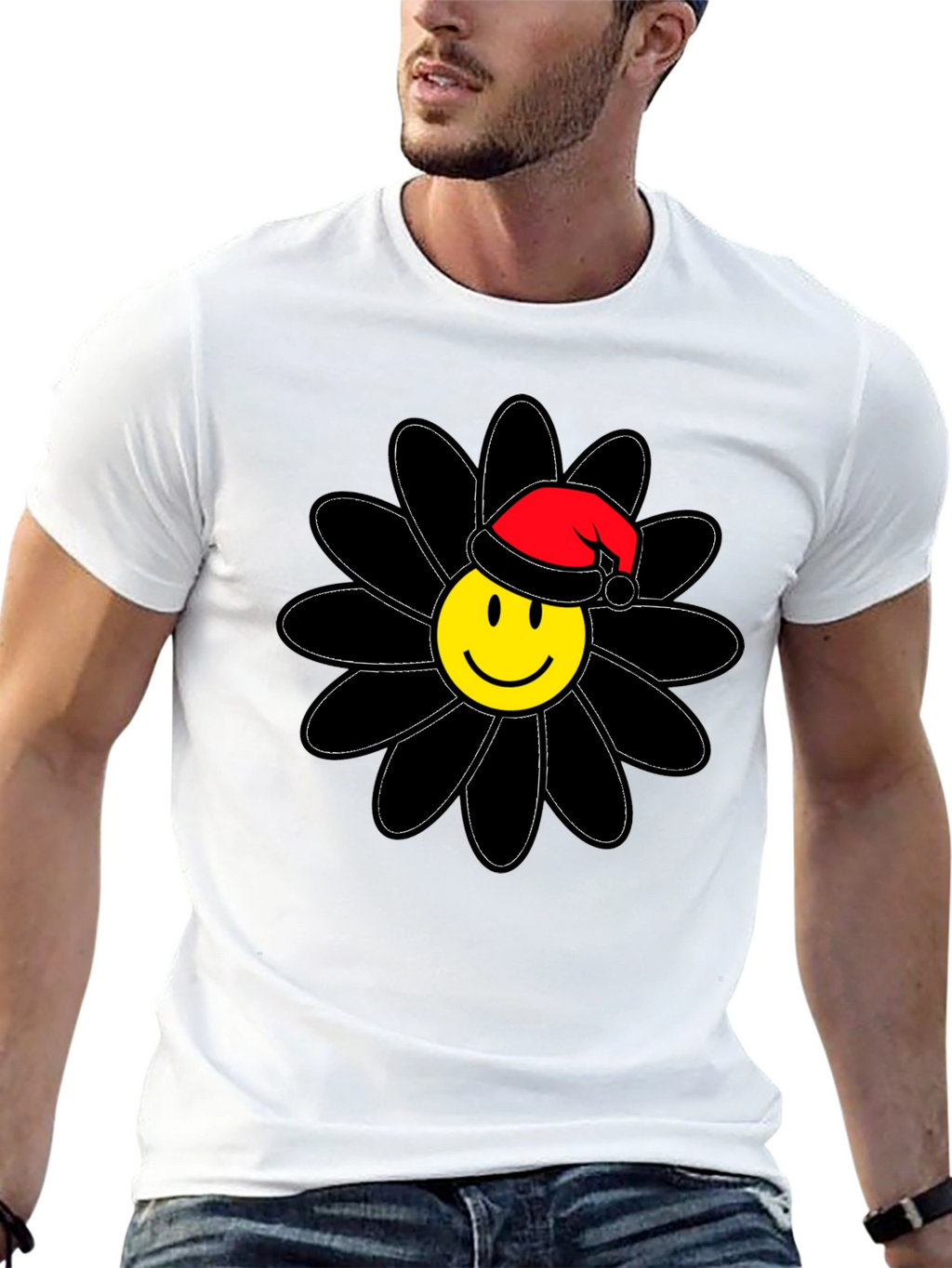Smiley Face Santa Hat Black Flower T-Shirt
