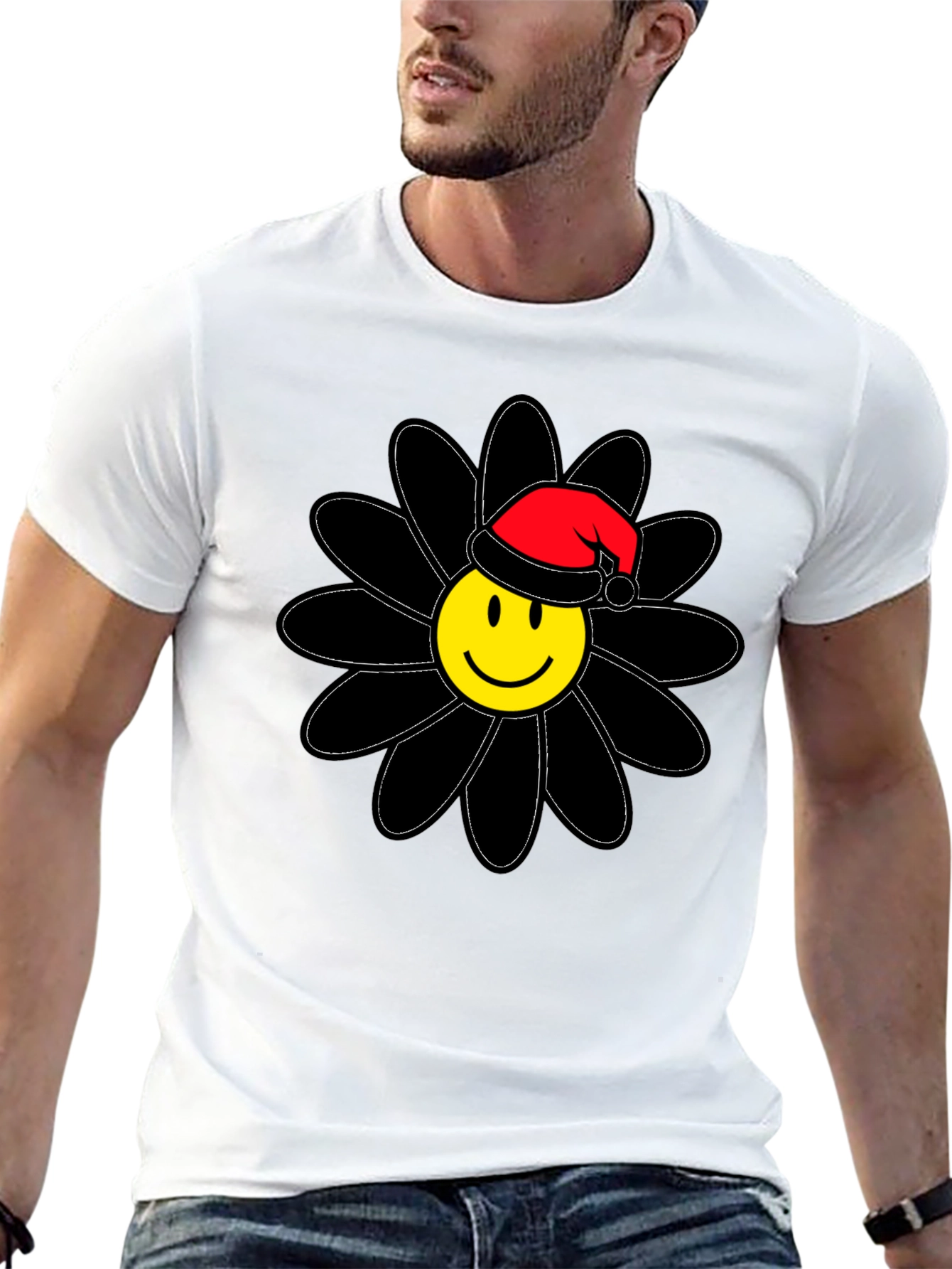 Smiley Face Santa Hat Black Flower T-Shirt