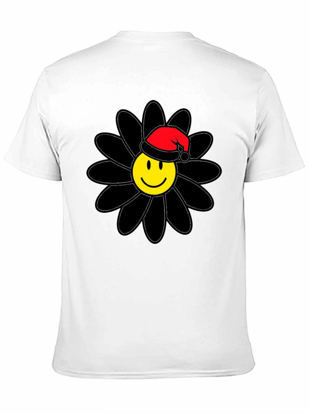 Smiley Face Santa Hat Black Flower T-Shirt