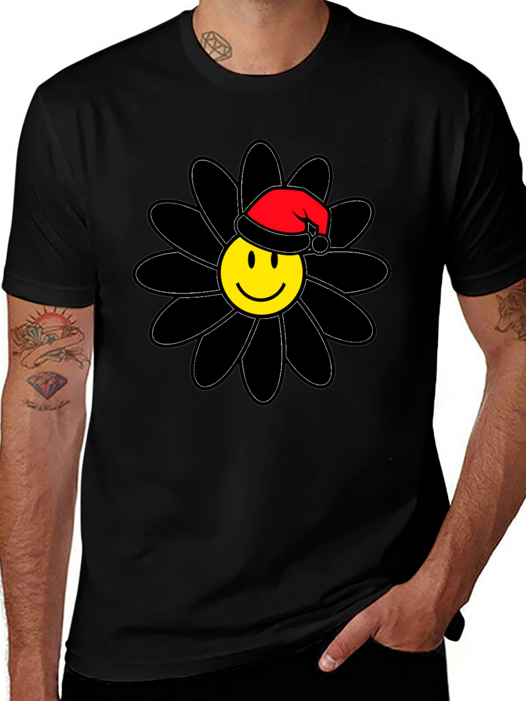 Smiley Face Santa Hat Black Flower T-Shirt