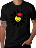 Smiley Face Santa Hat Black Flower T-Shirt