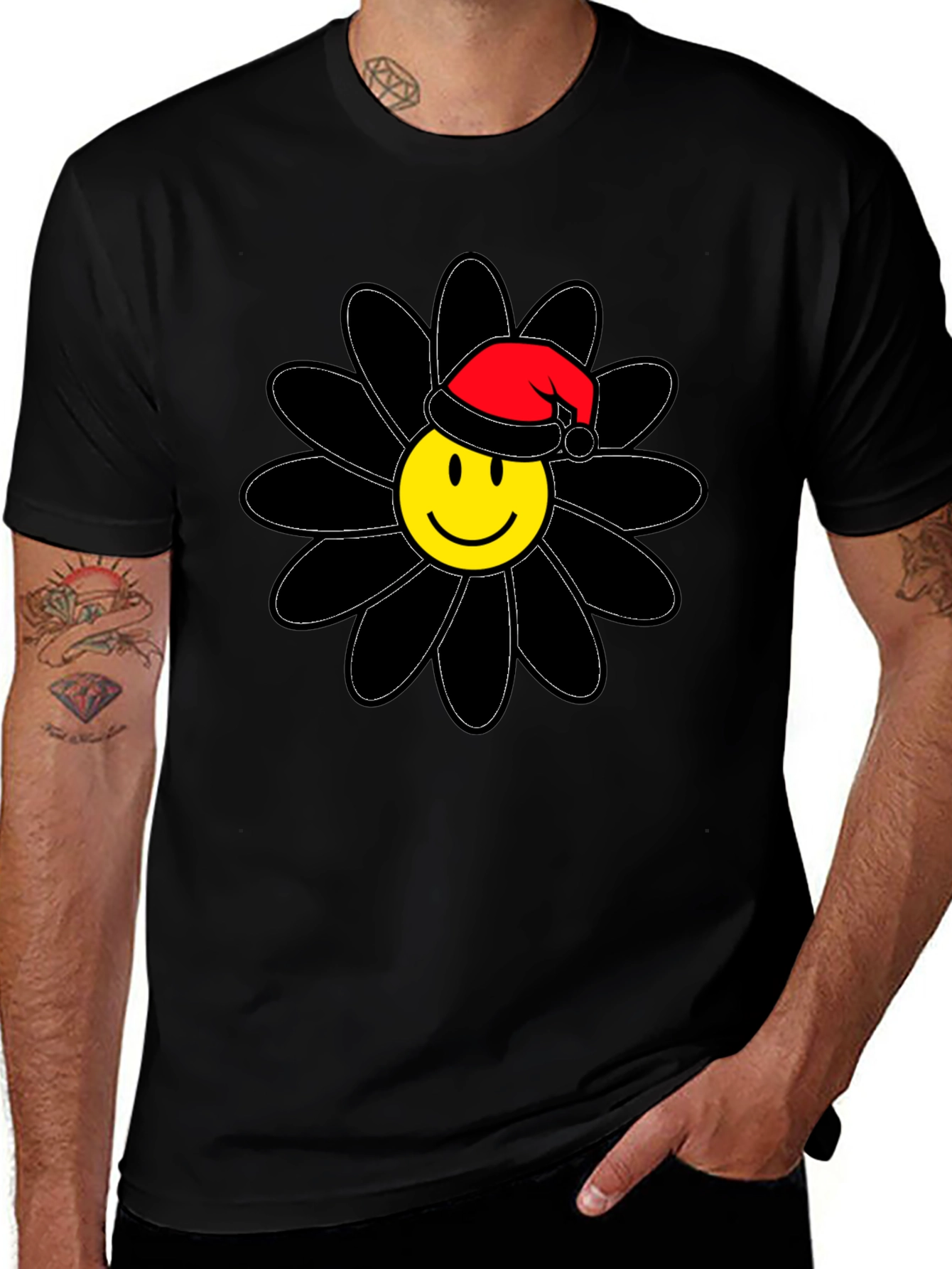 Smiley Face Santa Hat Black Flower T-Shirt