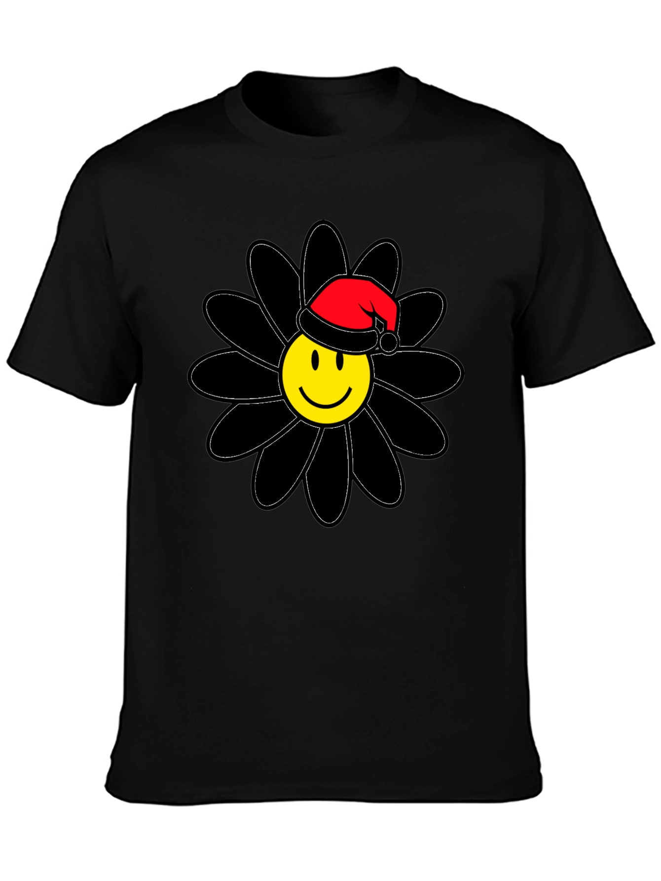 Smiley Face Santa Hat Black Flower T-Shirt