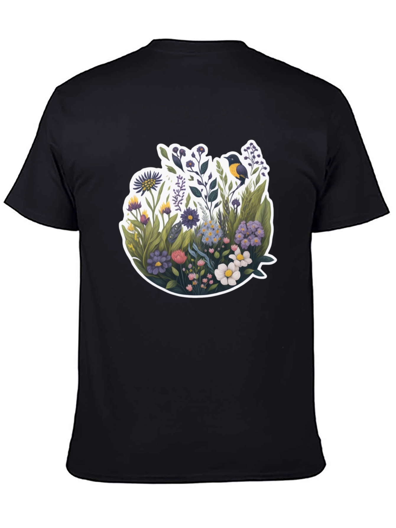 Floral Bird Graphic Black T-Shirt