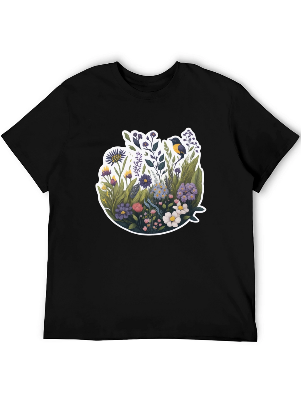 Floral Bird Graphic Black T-Shirt