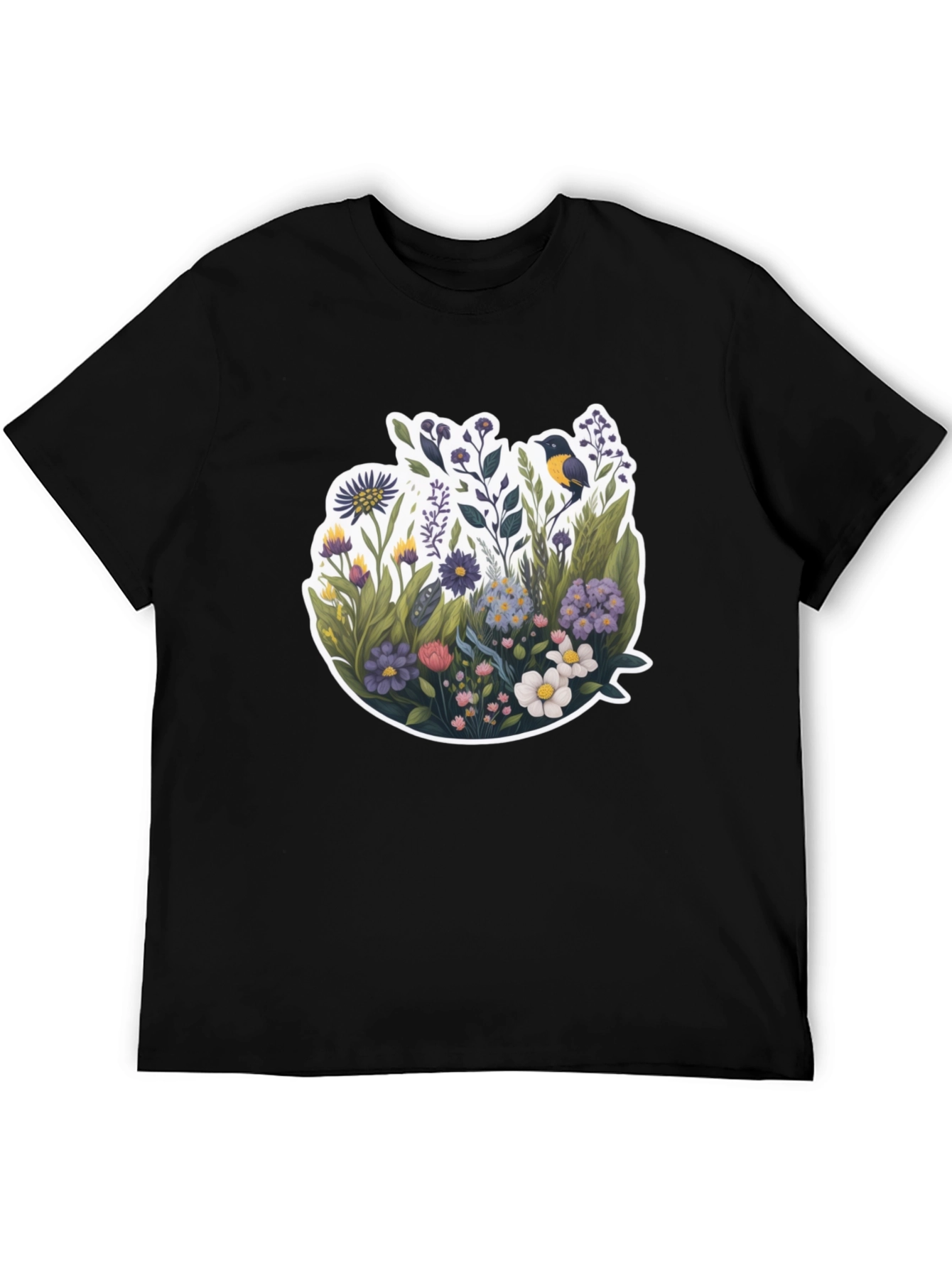 Floral Bird Graphic Black T-Shirt