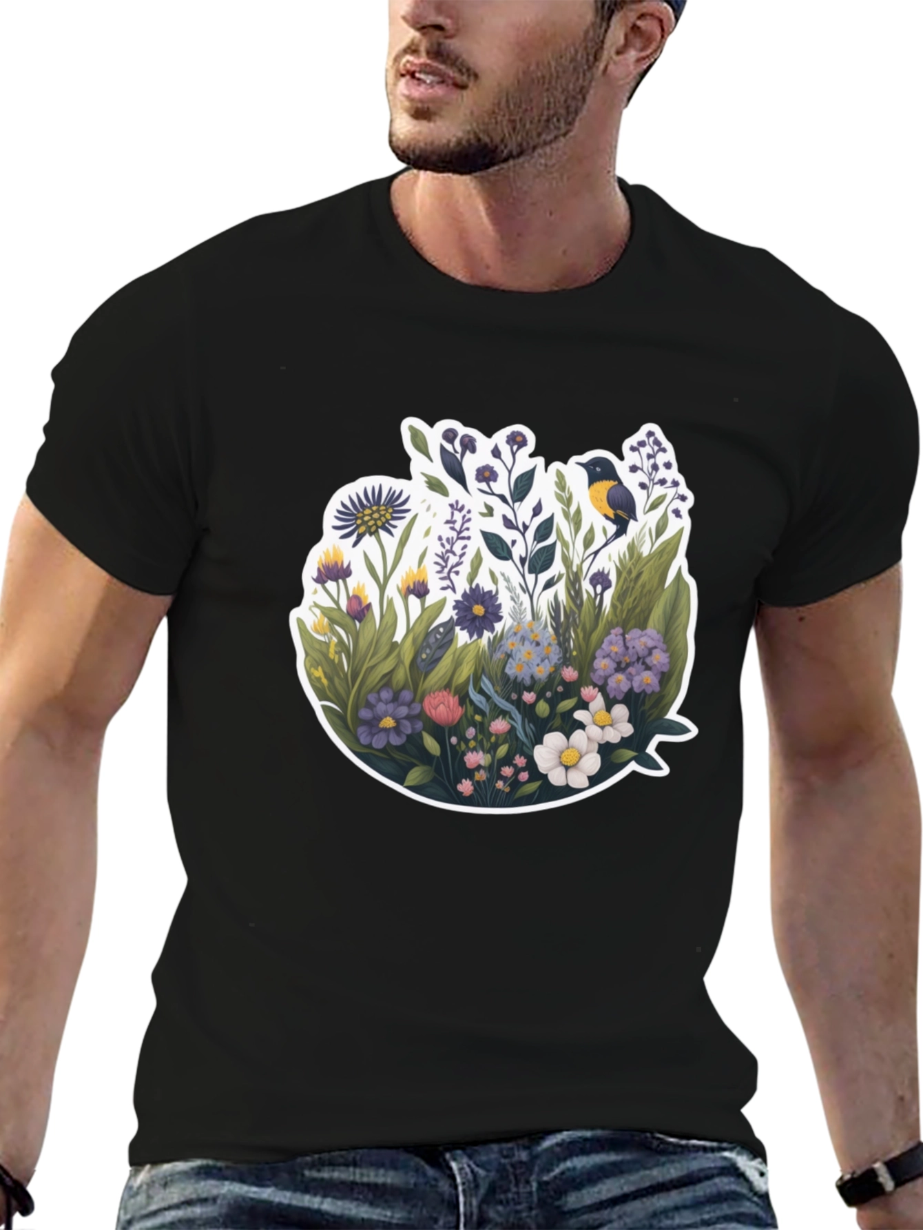 Floral Bird Graphic Black T-Shirt