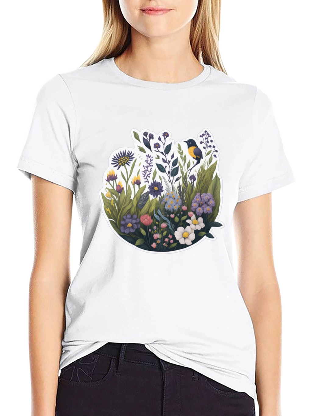 Floral Bird Graphic Black T-Shirt