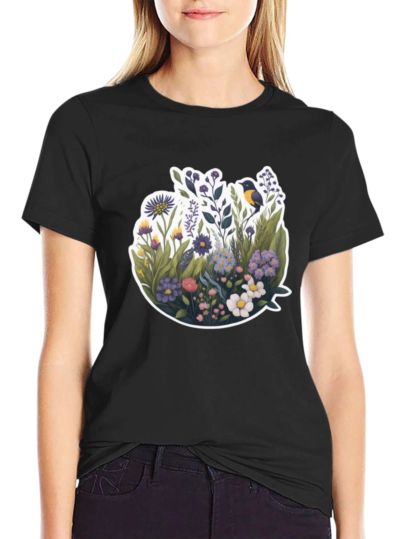 Floral Bird Graphic Black T-Shirt