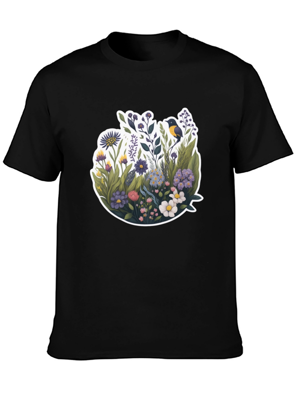 Floral Bird Graphic Black T-Shirt